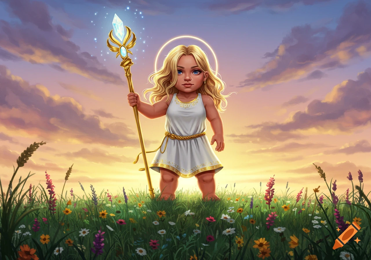 A cute, cartoonish blonde dwarf warrior priestess holds a glowing staff in a field of wildflowers at sunset.
