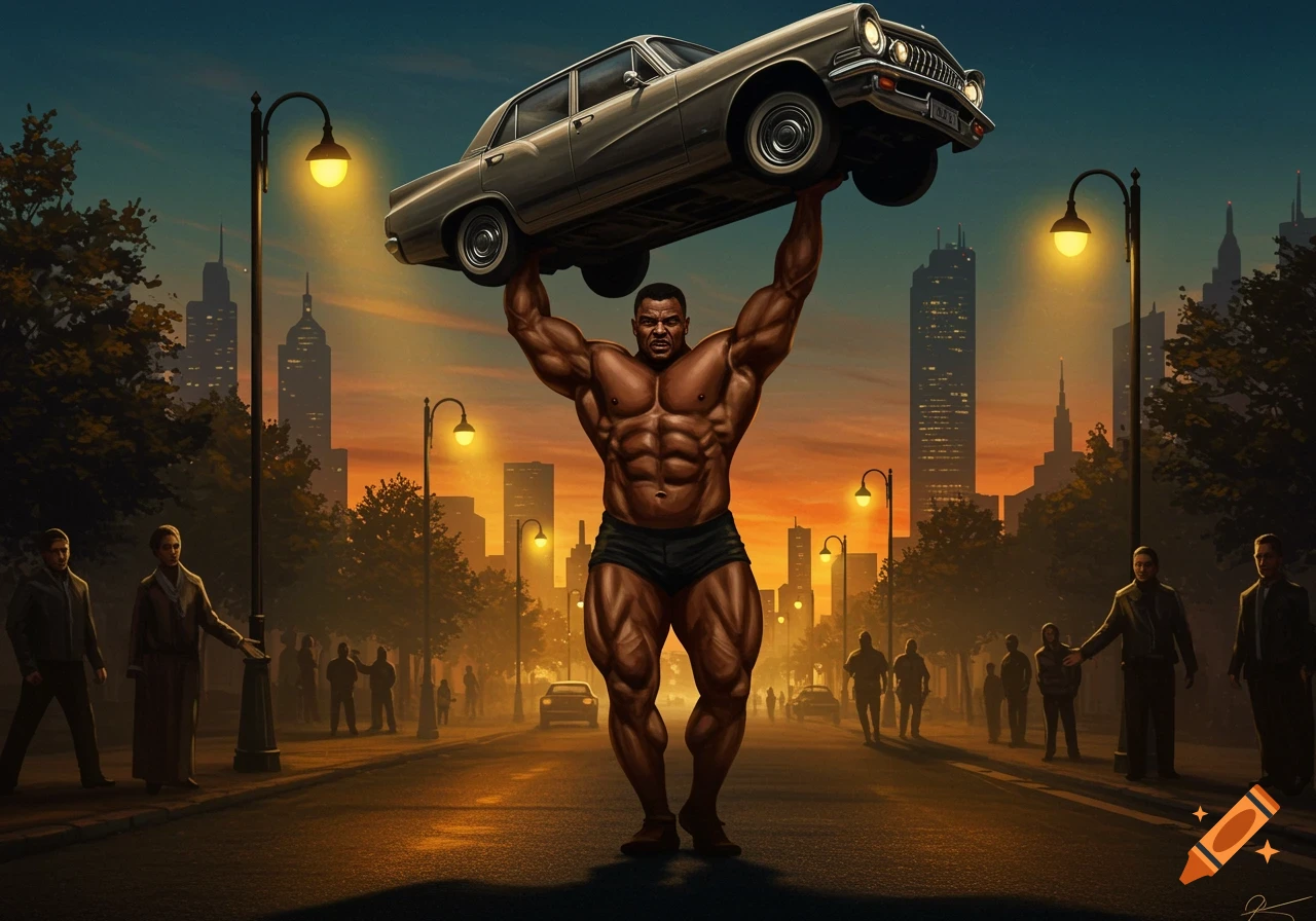 A muscular man lifts a vintage car over his head on a city street at sunset, watched by onlookers.