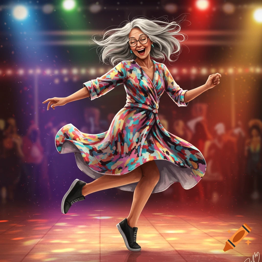 An energetic elderly woman with gray hair and glasses dances joyfully in a colorful dress and black sneakers on a disco floor.