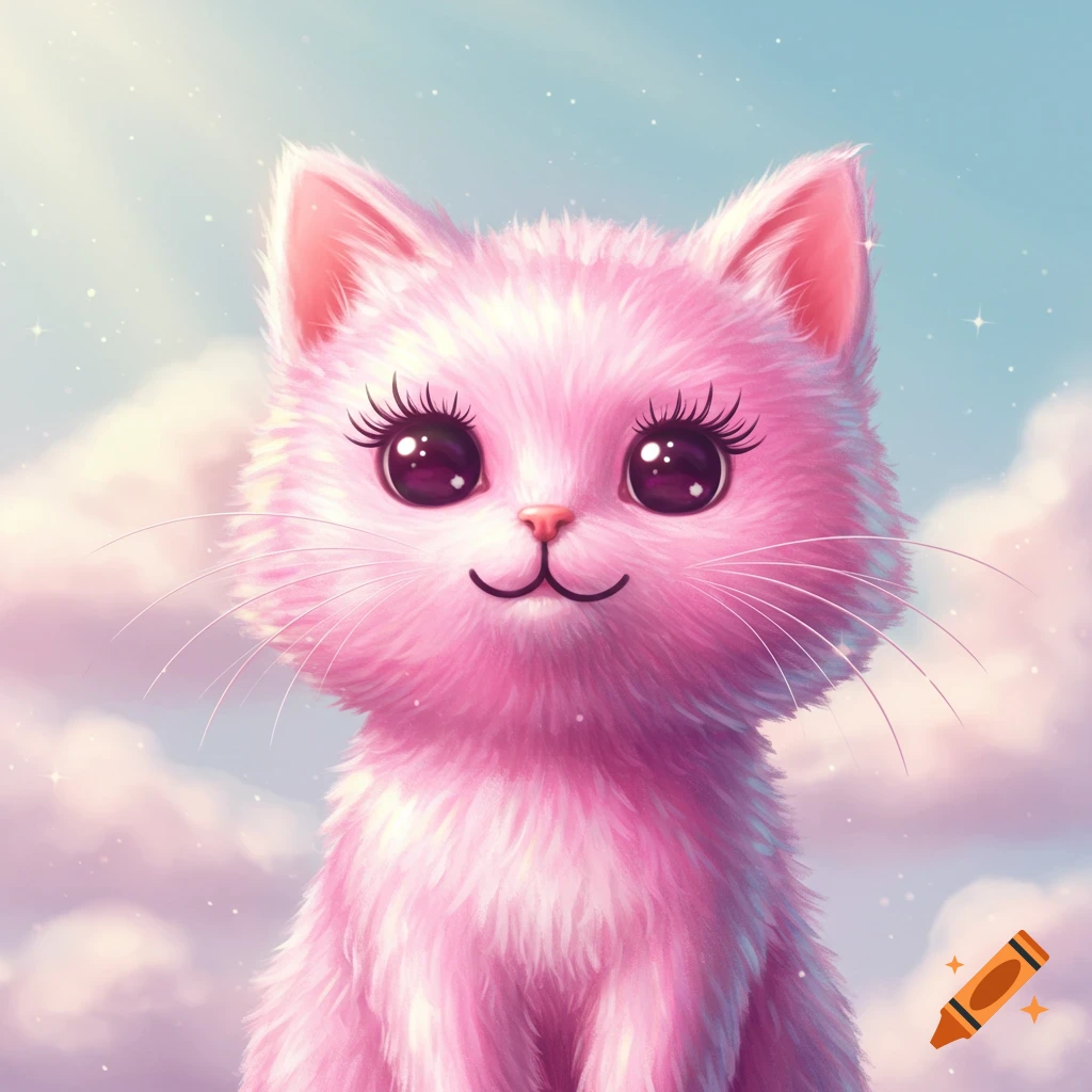 A cute fluffy pink cat with large, sparkly eyes and long eyelashes, smiling under a soft blue and pink sky with clouds.