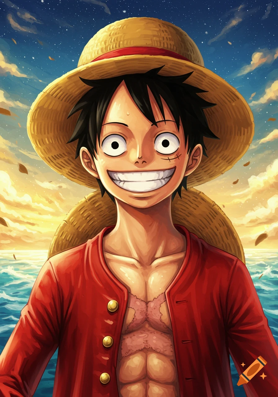 Close-up anime portrait of Monkey D. Luffy from One Piece, smiling widely against a vibrant sunset sky and ocean.