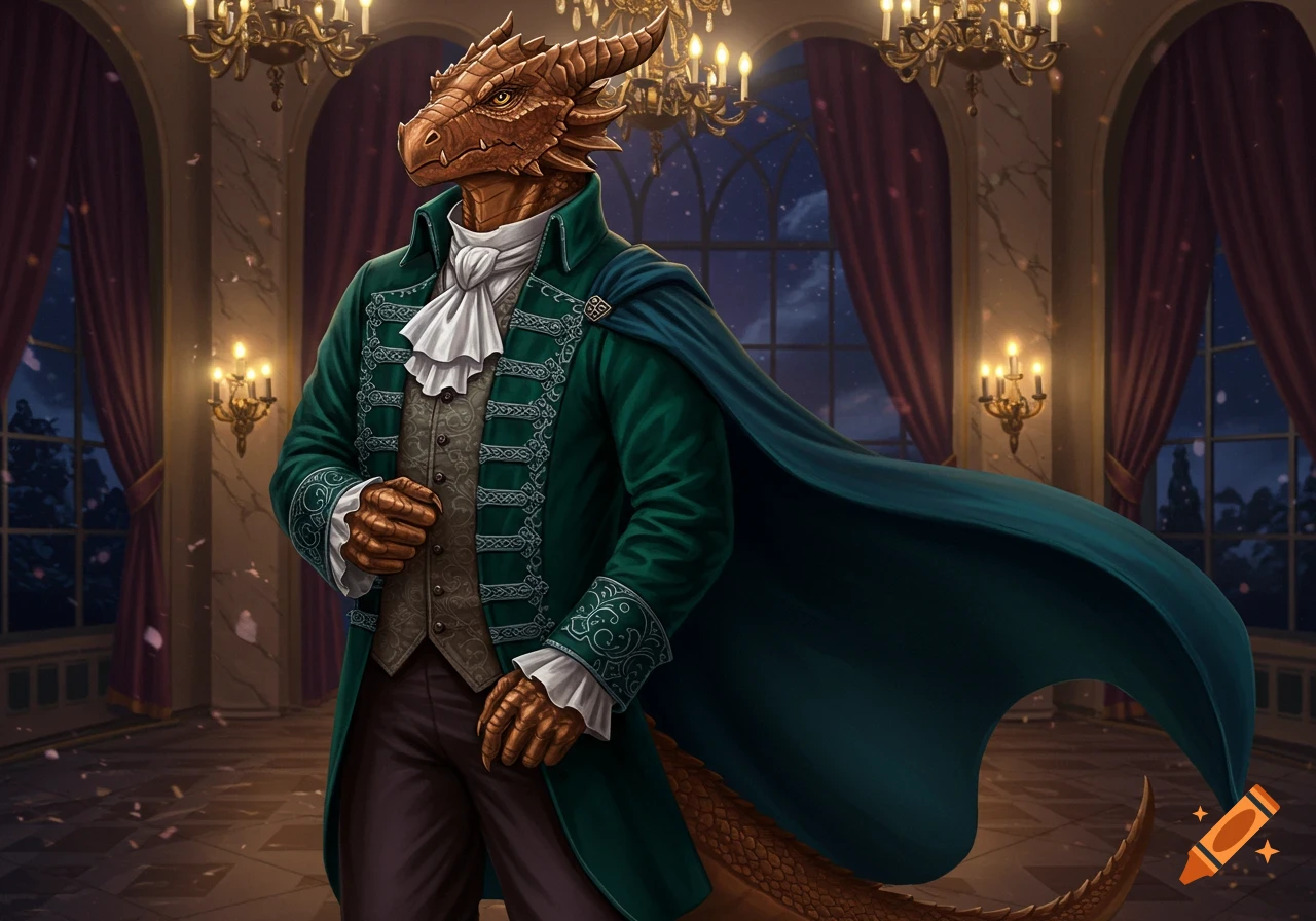 A bronze dragonborn in a green formal jacket, blue cape, and ruffled white shirt stands in a grand ballroom at night.
