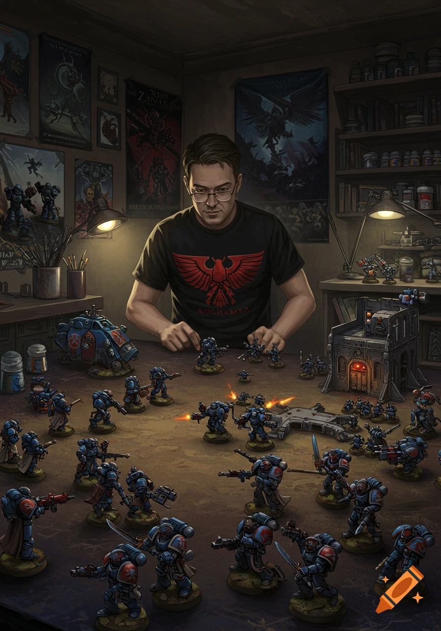 A man wearing glasses and a Warhammer 40k t-shirt plays with an army of blue Space Marine miniature figures on a table.