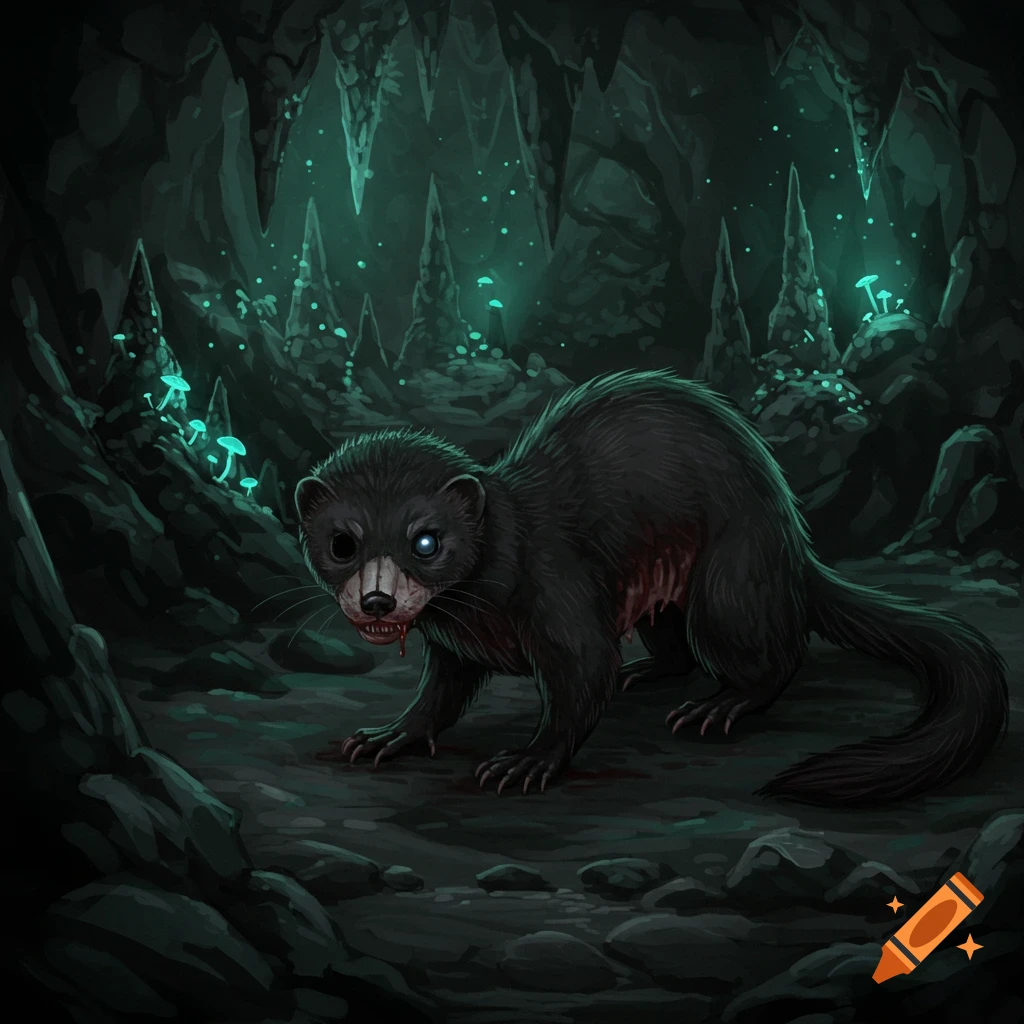 A half-dead black weasel with a missing eye and a bloody mouth stands in a dark cave with glowing blue mushrooms.