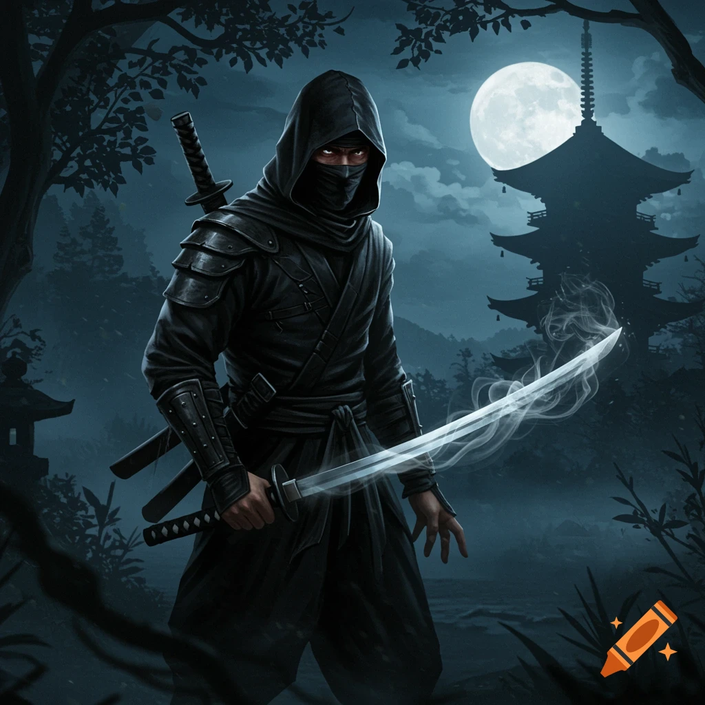 A hooded ninja in a black suit stands under a full moon, holding a glowing katana, with a pagoda in the background.