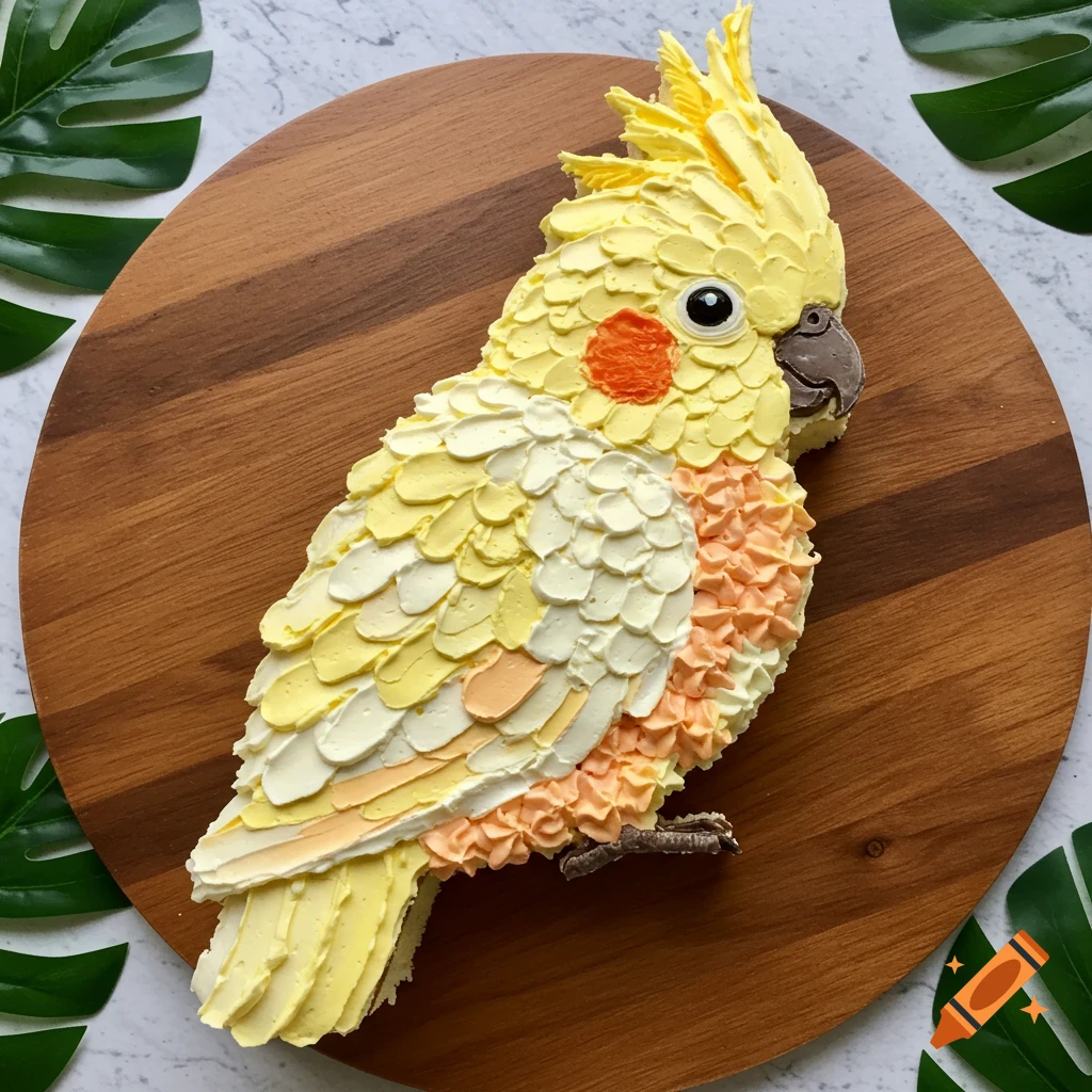 A yellow cockatoo-shaped cake with buttercream frosting on a wooden board, with green leaves in the background.