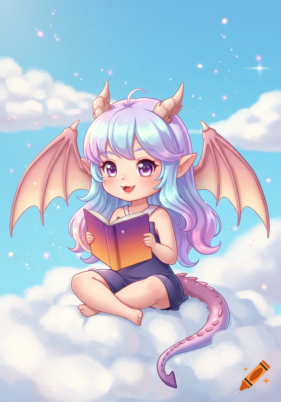 Cute chibi girl Sprite with pastel rainbow hair, dragon wings, horns, and tail, sitting on a cloud reading a book.