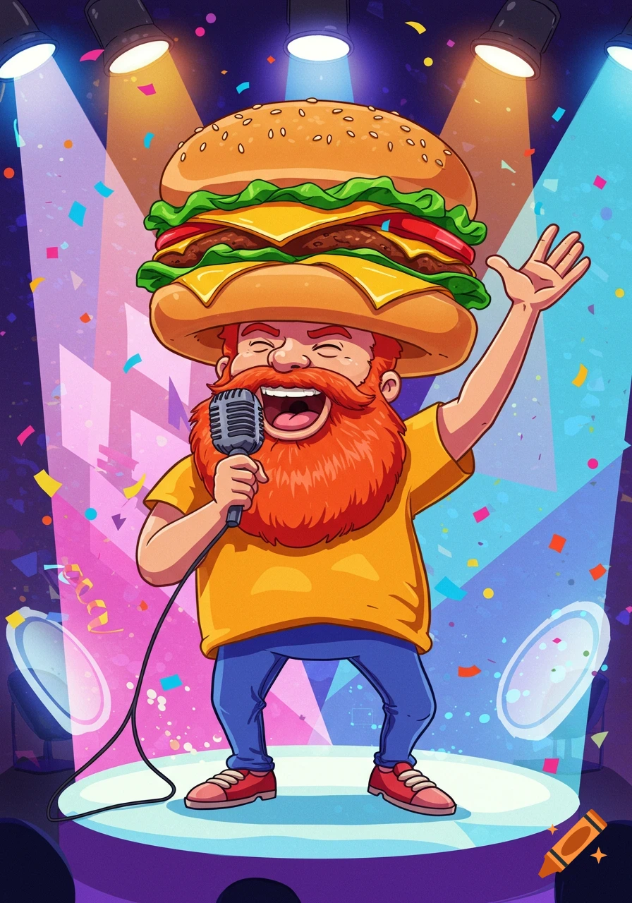 A cartoon man with a red beard and a cheeseburger hat sings into a microphone on a stage with confetti, in a 90s cartoon style.