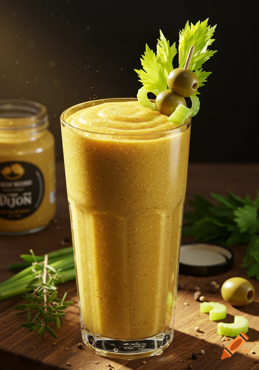 Photorealistic yellow mustard smoothie in a tall glass, garnished with celery and olives, on a wooden surface with a mustard jar.
