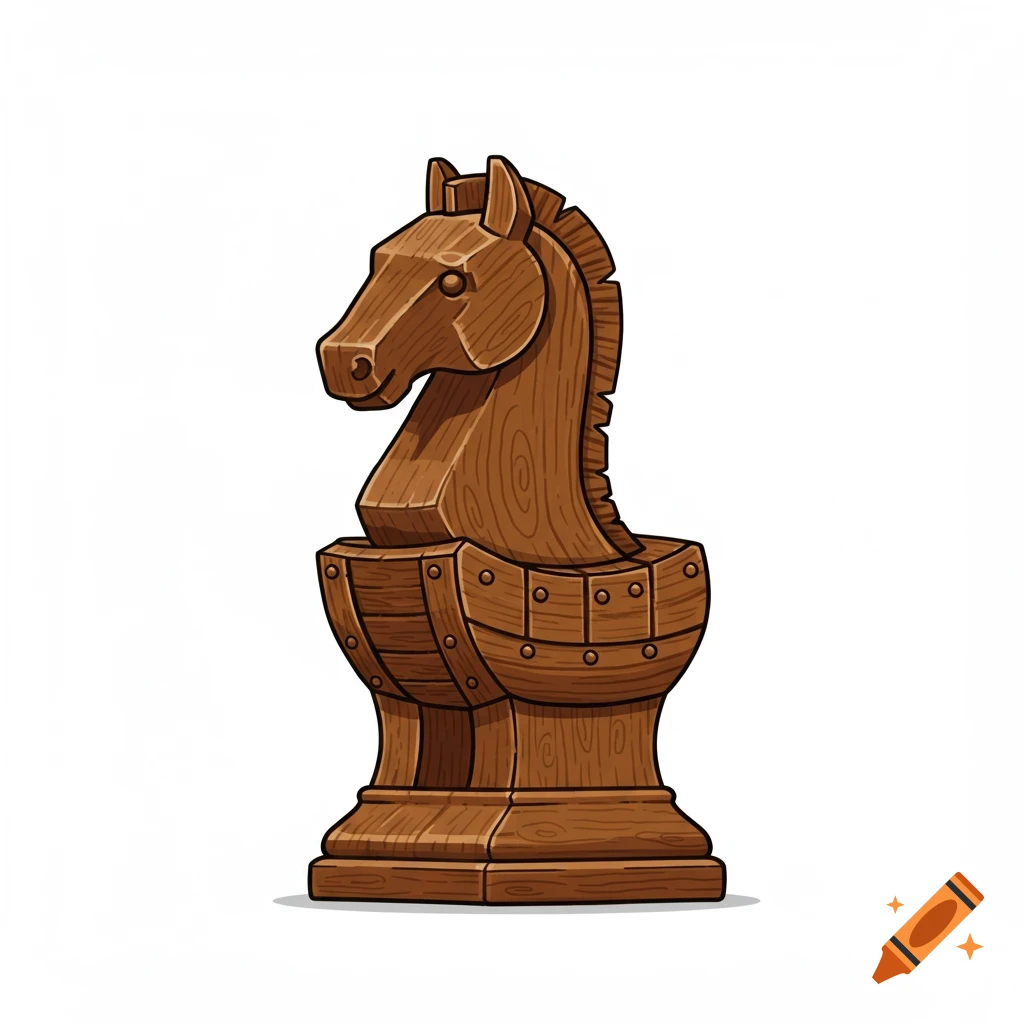 A 2D illustration of a brown wooden chess knight piece, resembling a Trojan horse, on a white background.