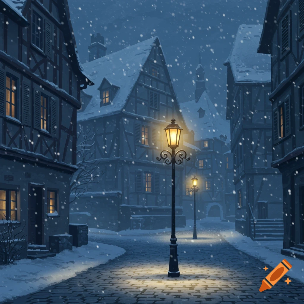A snowy cobblestone street in a medieval town, lit by glowing lampposts, with timber-frame houses under falling snow.