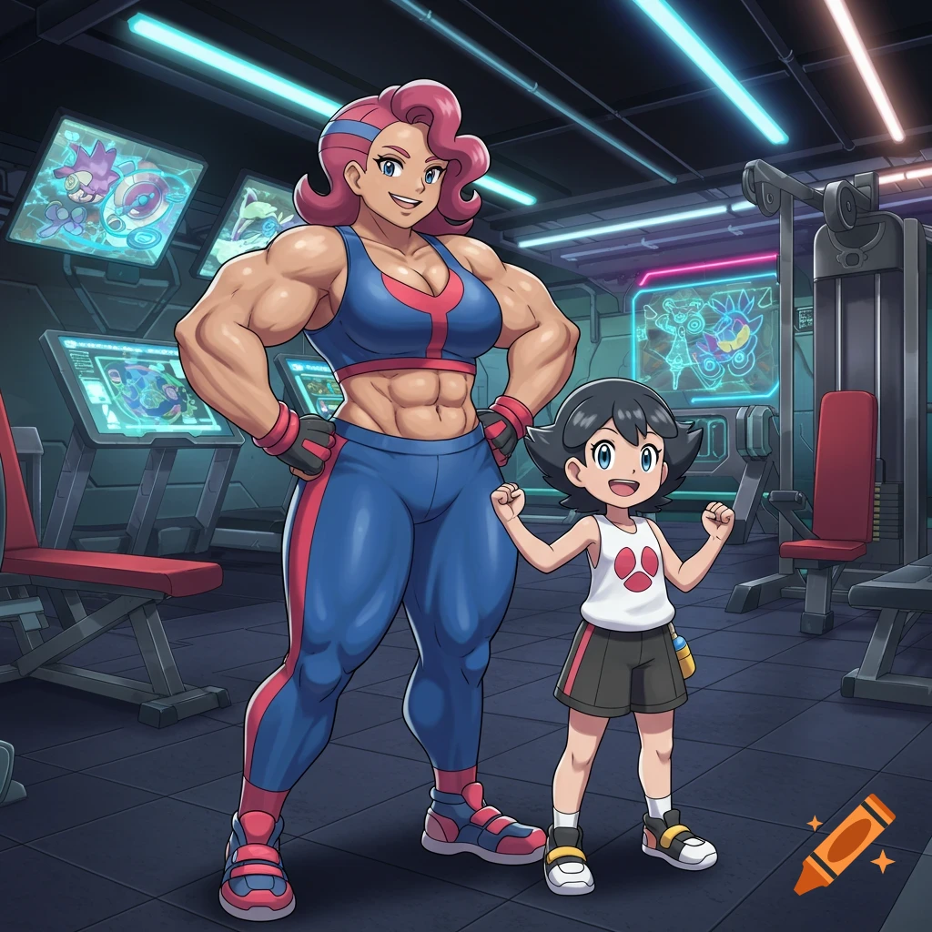 A muscular woman with pink hair and a child stand smiling in a gym. The woman wears blue and red, the child a white paw print top. Anime style.