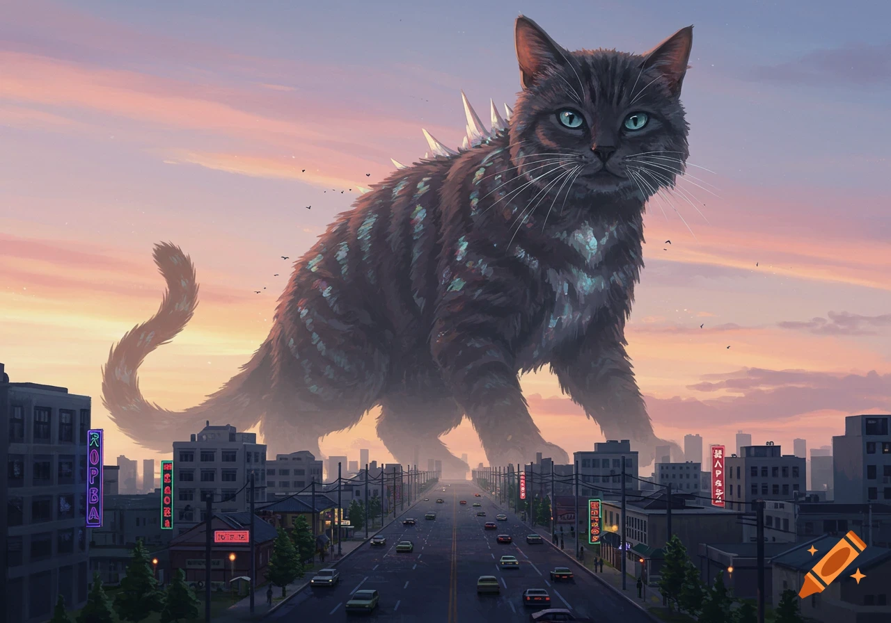 A gigantic, Godzilla-like cat with glowing spikes on its back walks through a city street at sunset, towering over buildings and cars.