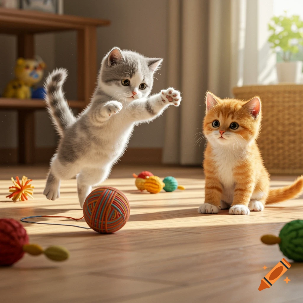 Two fluffy kittens playing on a sunlit wooden floor. A gray and white kitten jumps for a yarn ball as an orange kitten watches.