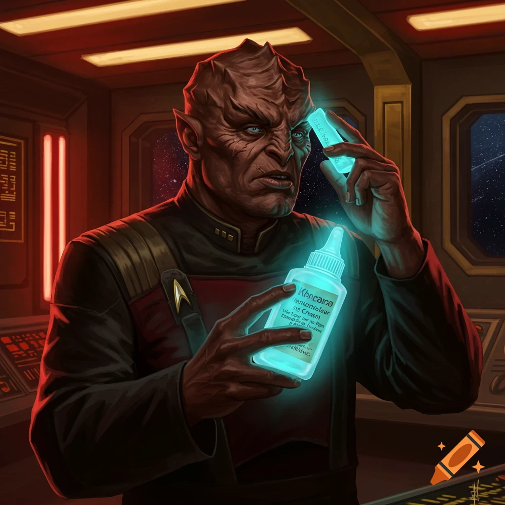 A stern-faced Klingon-like alien in a futuristic uniform examines a glowing blue bottle and stick inside a spaceship.
