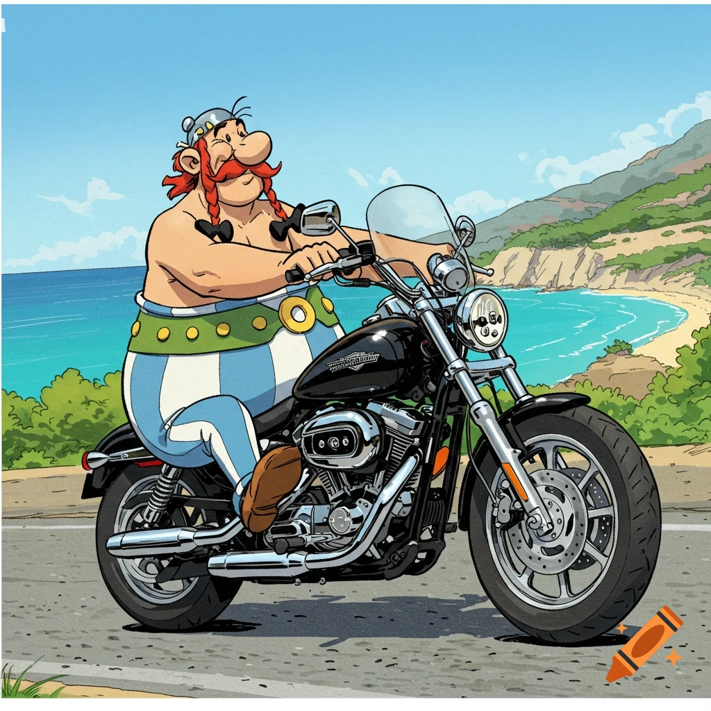 Obelix, a cartoon character, rides a black motorcycle along a coastal road, with a sandy beach and mountains in the background.