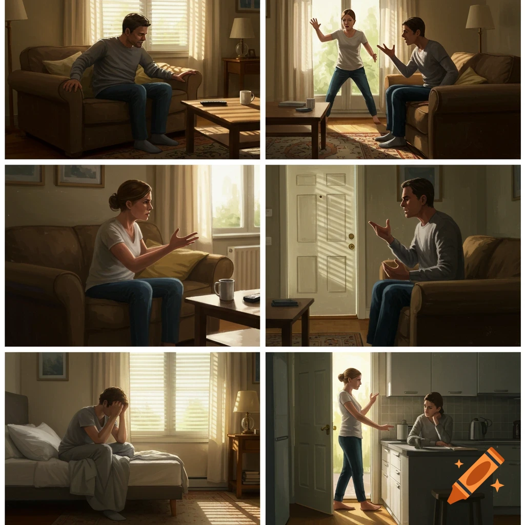 A six-panel composite illustrating a couple's domestic argument and subsequent reflection.