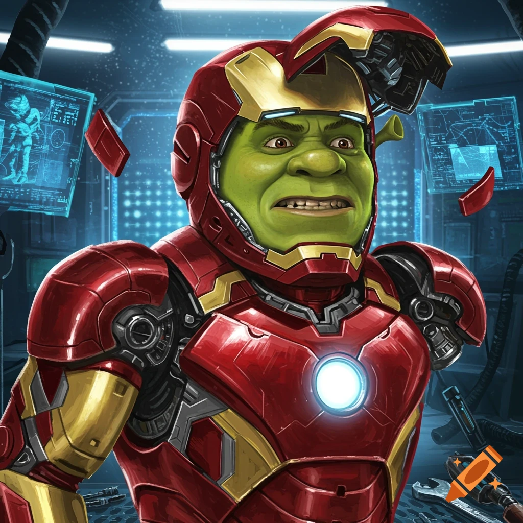 Shrek's head poking out of an Iron Man helmet, looking uncomfortable, in a sci-fi lab.