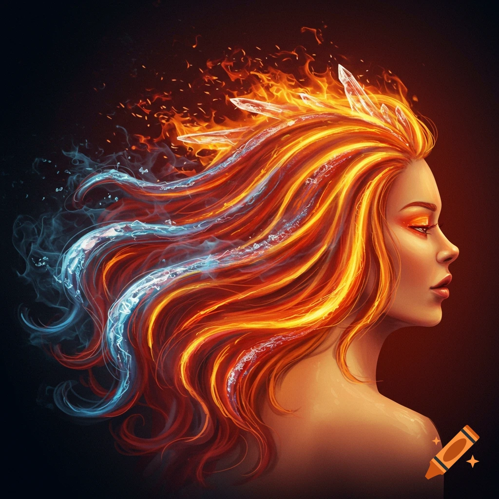 A woman with flowing hair made of vibrant orange fire and glowing blue ice against a dark background, depicted in a digital art style.
