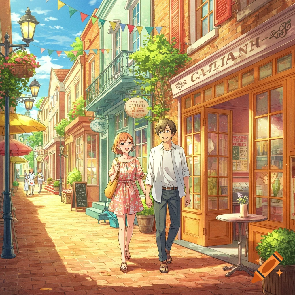 An anime-style illustration of a happy couple holding hands and walking down a sunny, colorful street lined with shops and buildings. The sky is blue with scattered clouds.