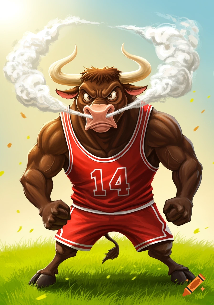 An angry, muscular cartoon bull with smoke coming from its nostrils, wearing a red basketball jersey with the number 14, standing on green grass under a bright sky.