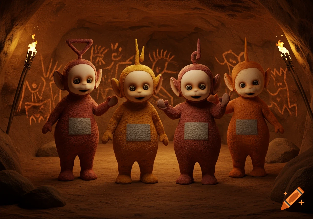 Four Teletubbies stand in a dimly lit cave with torchlight and ancient cave paintings on the walls.