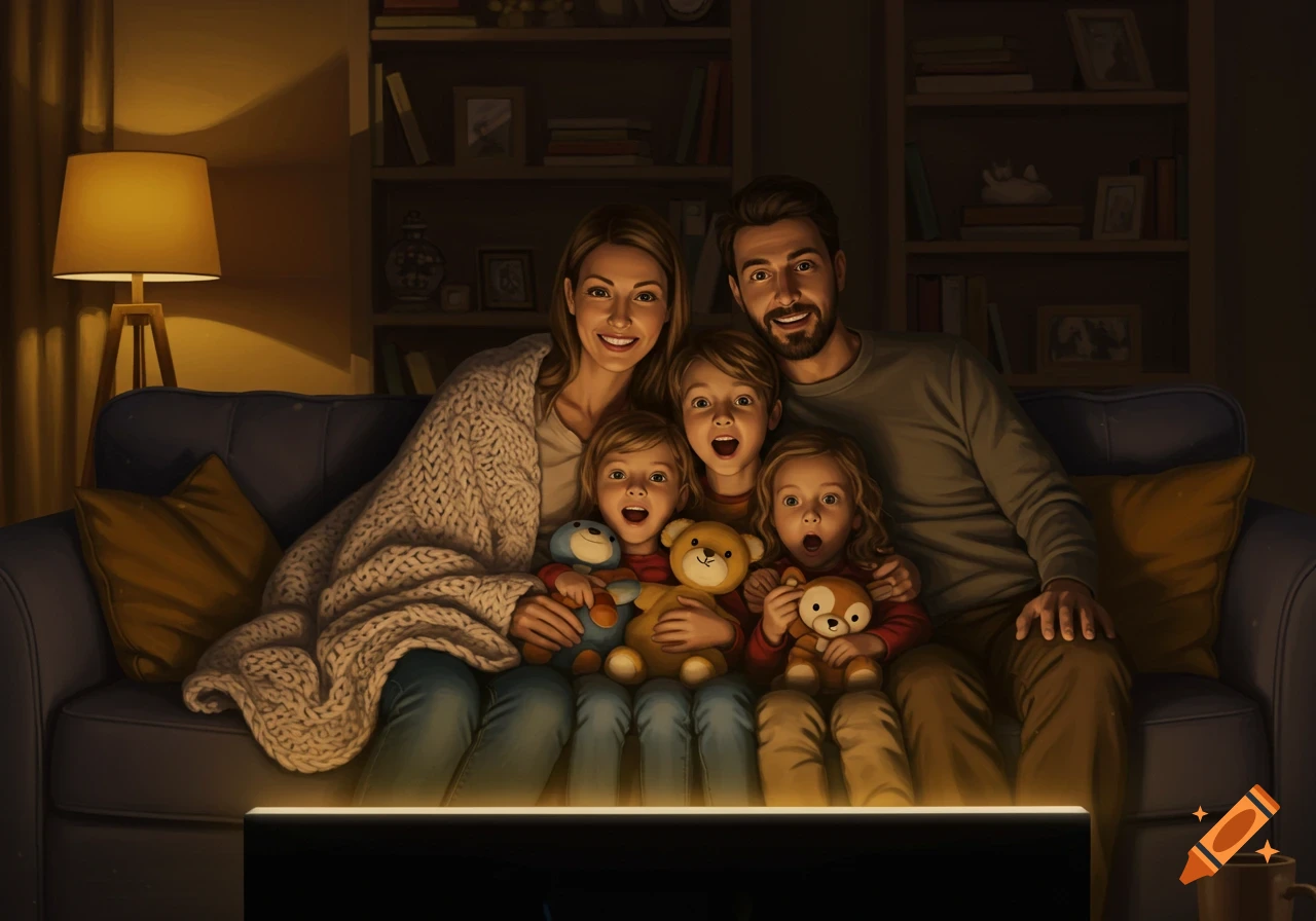 A family with parents and three children sitting on a sofa watching a glowing TV screen in a dark living room.
