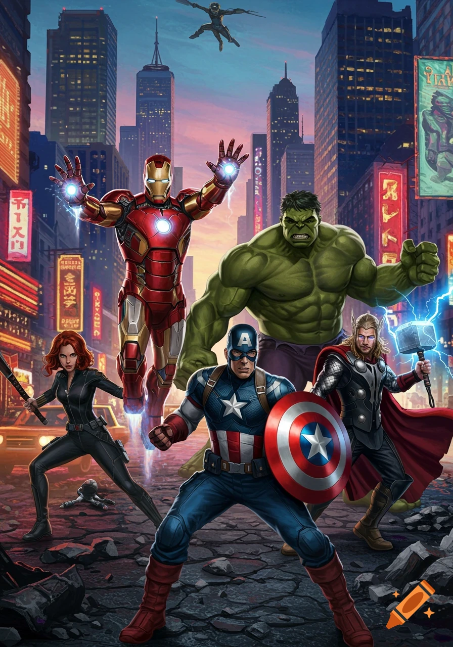 Marvel Avengers superheroes Iron Man, Hulk, Captain America, Thor, Black Widow, and Ant-Man/Wasp in a destroyed city.