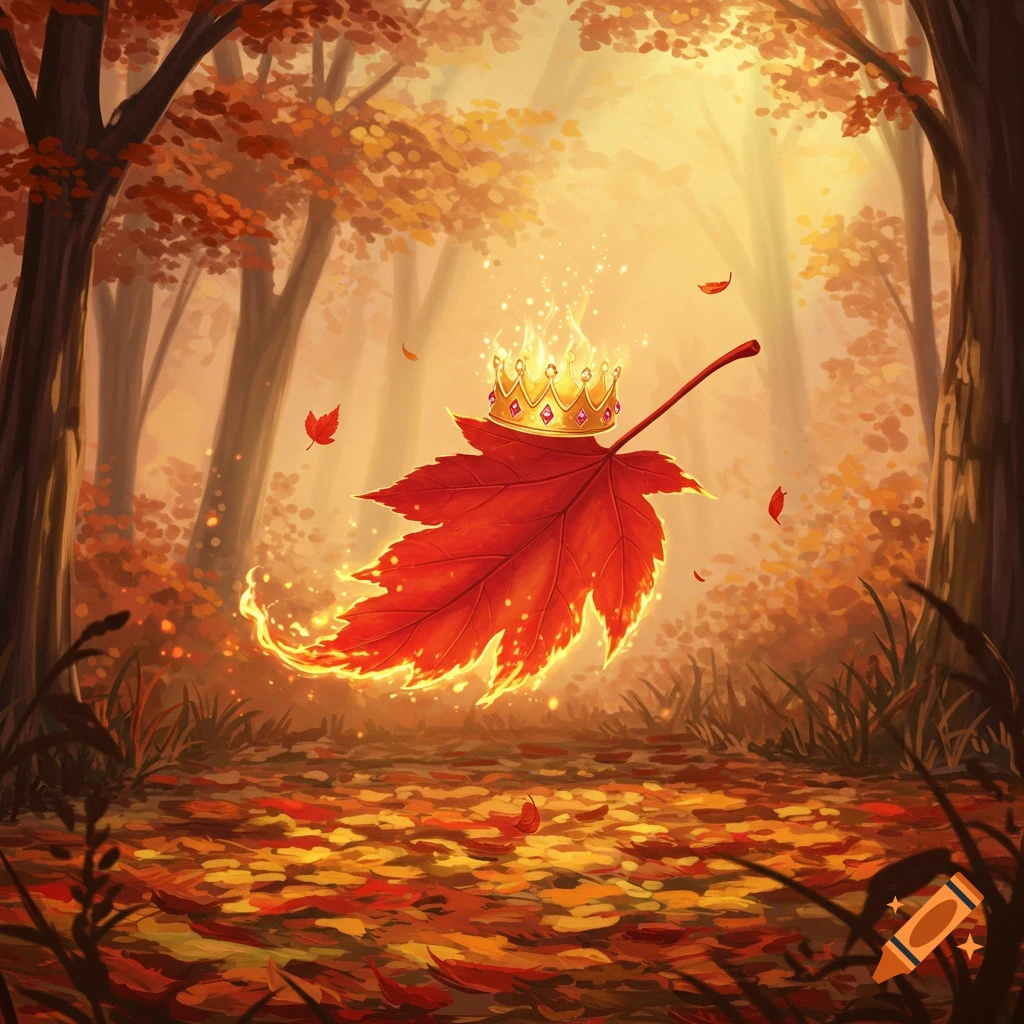 A glowing red maple leaf wearing a golden crown floats in a vibrant autumn forest with warm light, in a whimsical fantasy art style.