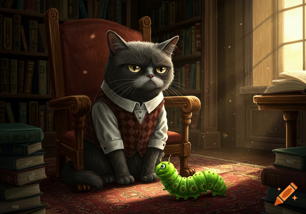 A grumpy gray cat in a vest sits in a wooden armchair in a library, looking at a green caterpillar on a red patterned rug. Books are stacked around them, and light streams in from a window.