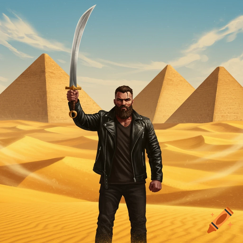 A bearded man in a black leather jacket holds a curved sword aloft in a vast desert with pyramids under a blue sky, in an illustrated style.