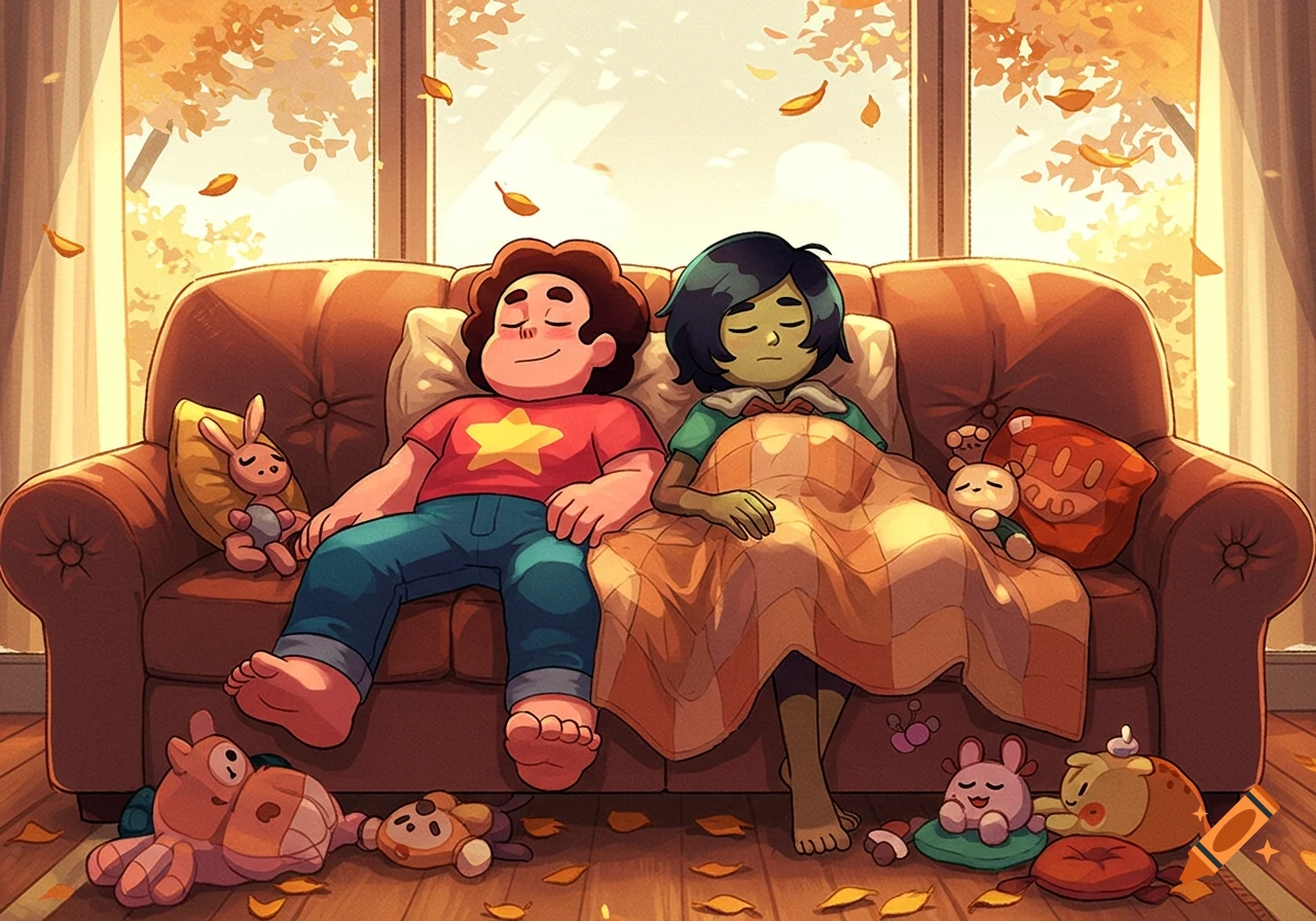 Steven Universe and Marcy Wu sleep cozily on a brown couch with plushies and autumn leaves, bathed in warm sunlight.