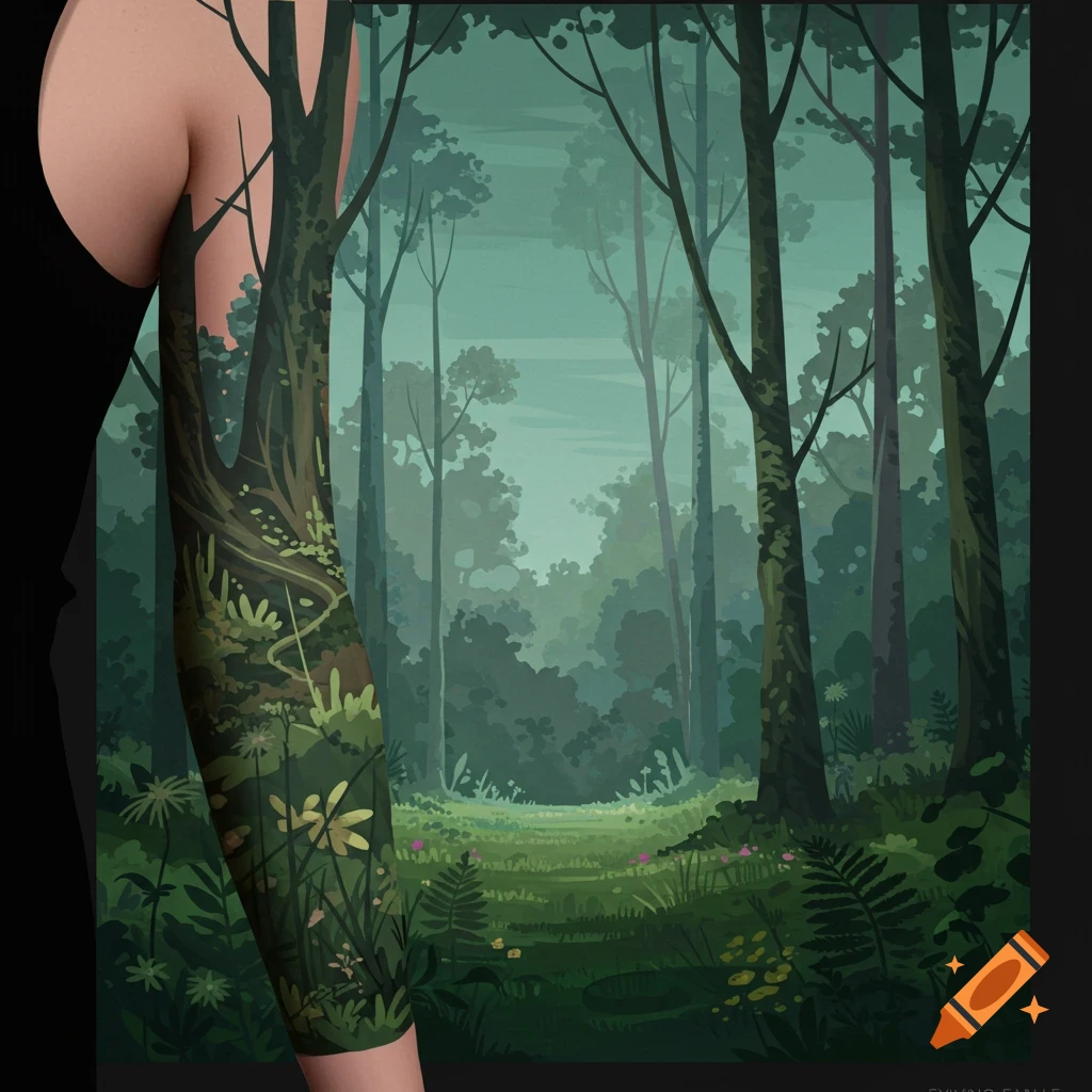 A person's arm with a tattoo of a stylized green forest landscape.
