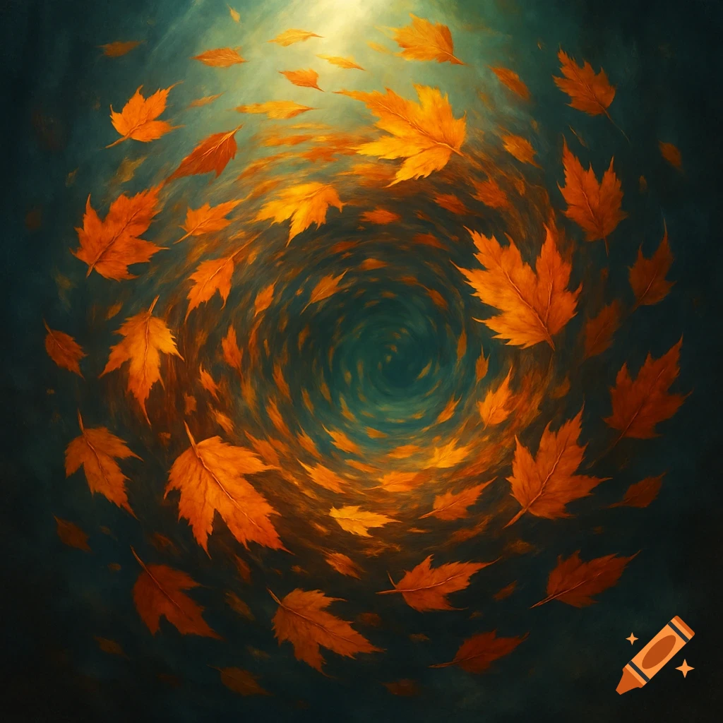 An abstract painting of orange autumn leaves swirling in a vortex against a dark teal background with a bright light at the top.