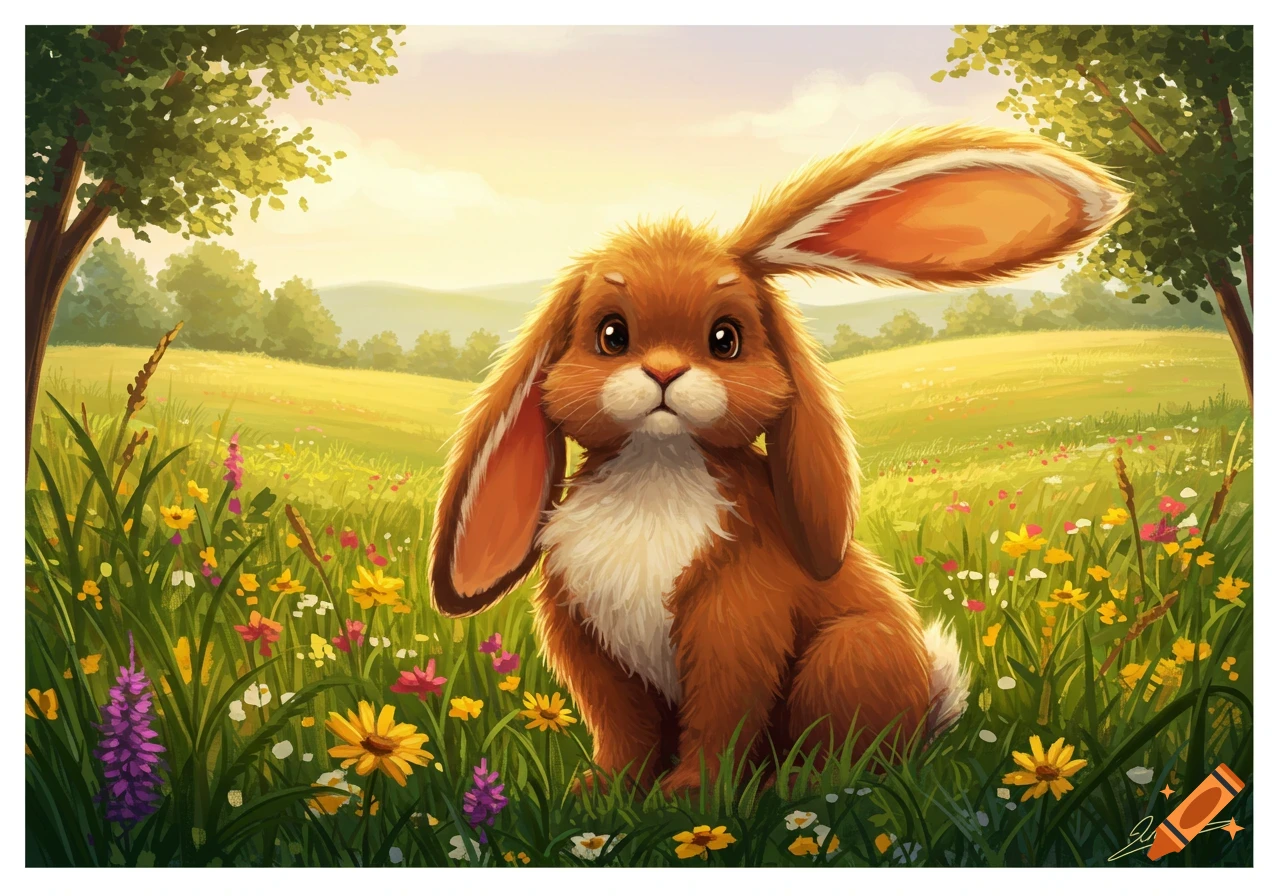 A cute brown rabbit with large ears sits in a vibrant meadow filled with colorful wildflowers under a sunny sky in an illustration style.