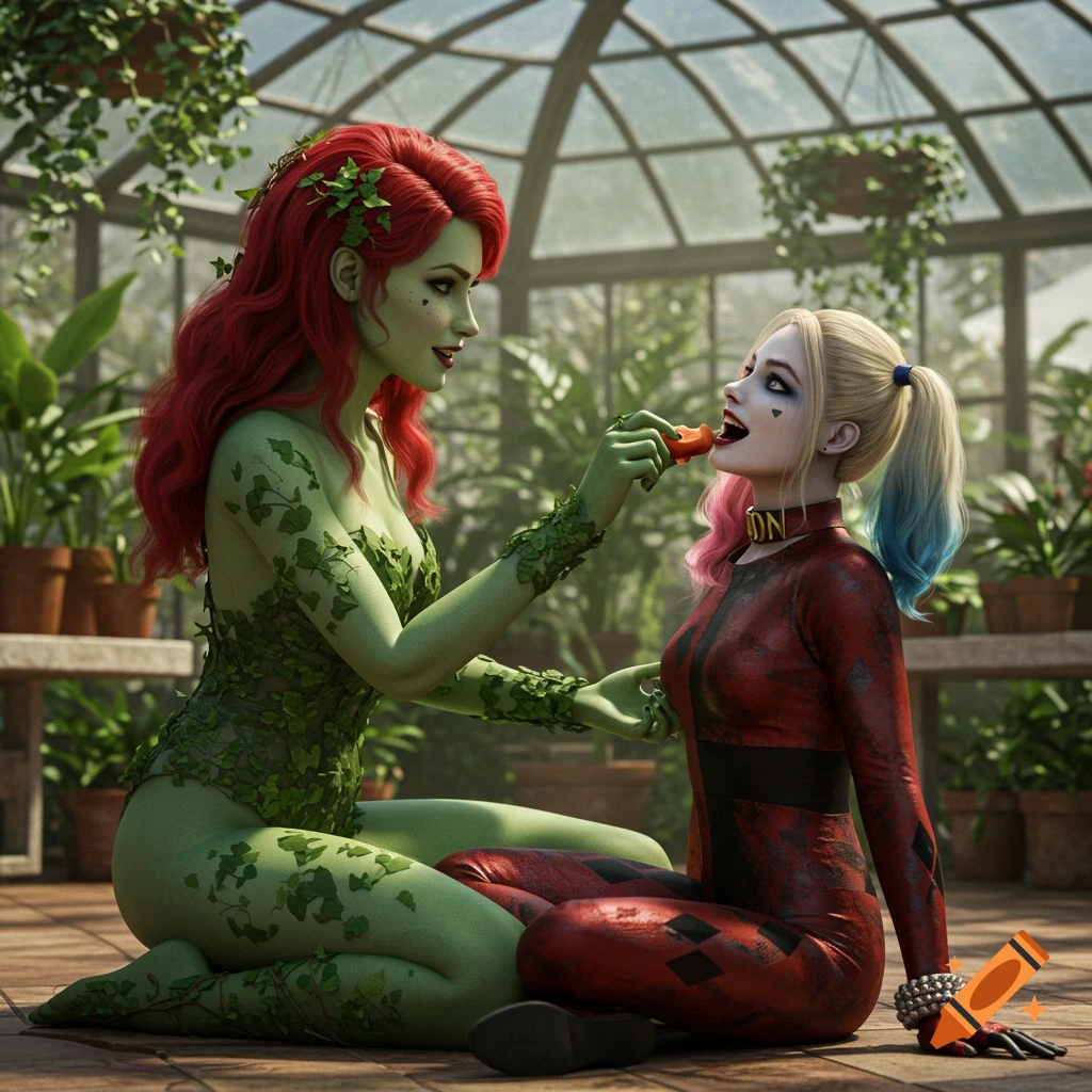 Poison Ivy, with red hair and green leafy attire, feeds Harley Quinn, in a red and black suit, a fruit in a lush greenhouse. Photorealistic style.