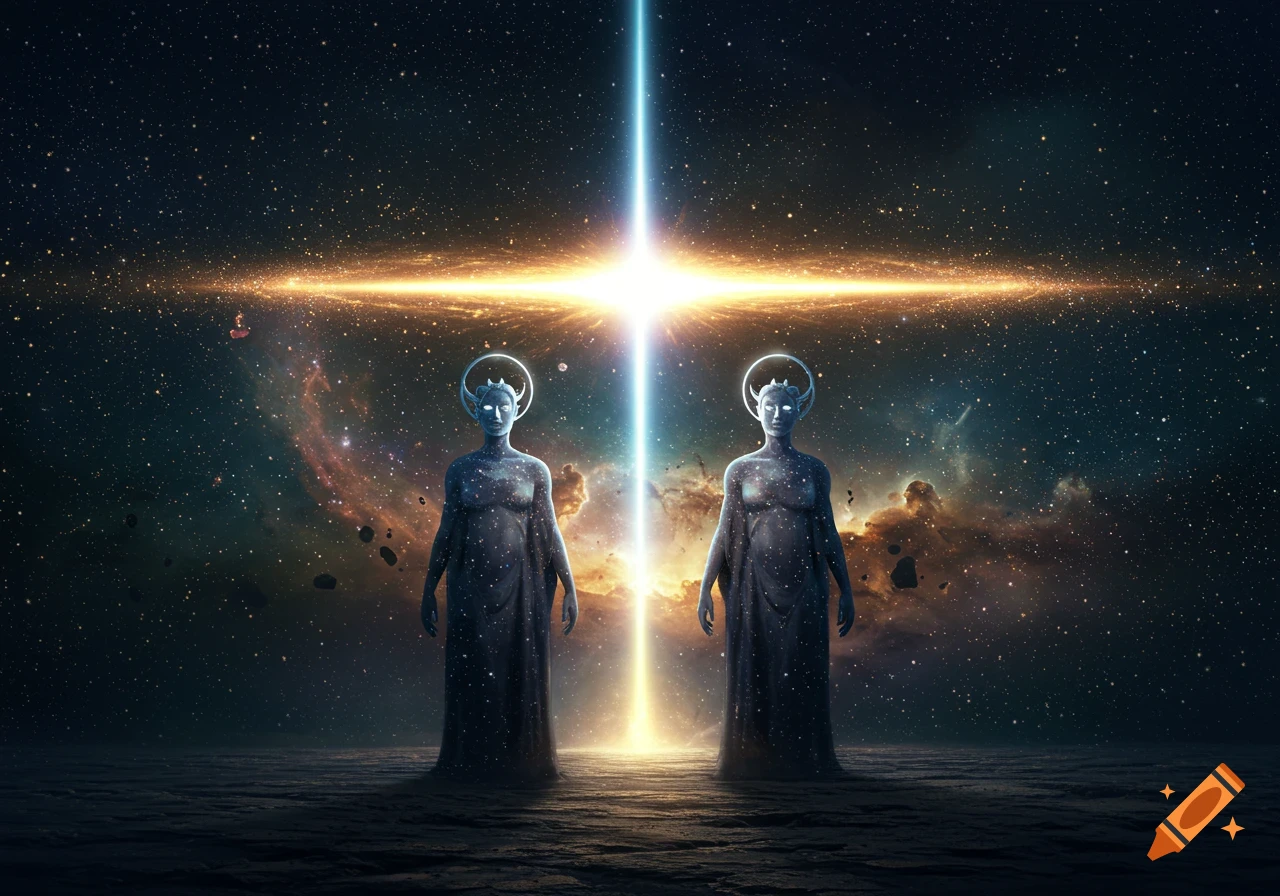 Two cosmic beings standing on a celestial plane under a cross-shaped light beam in deep space.
