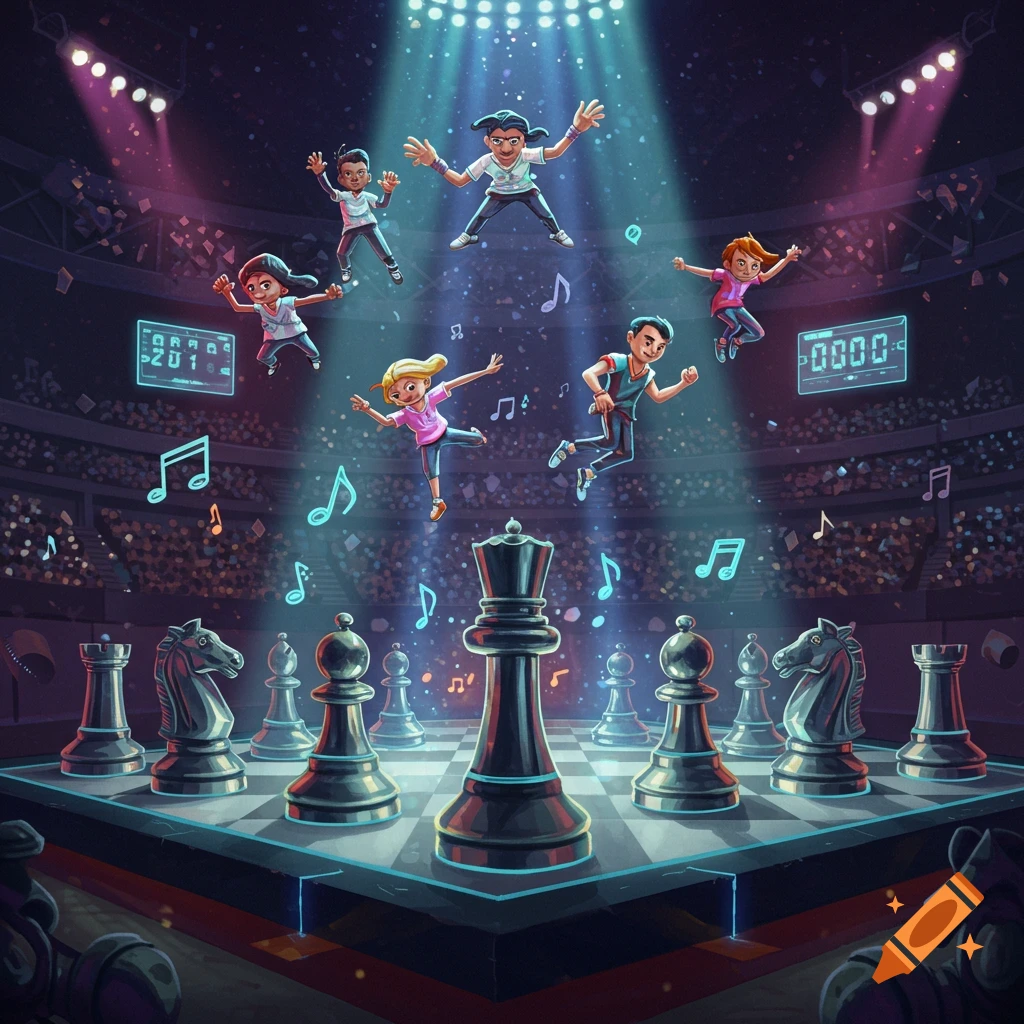 A vibrant illustration of children floating above a chessboard in a lit-up stadium, with musical notes.