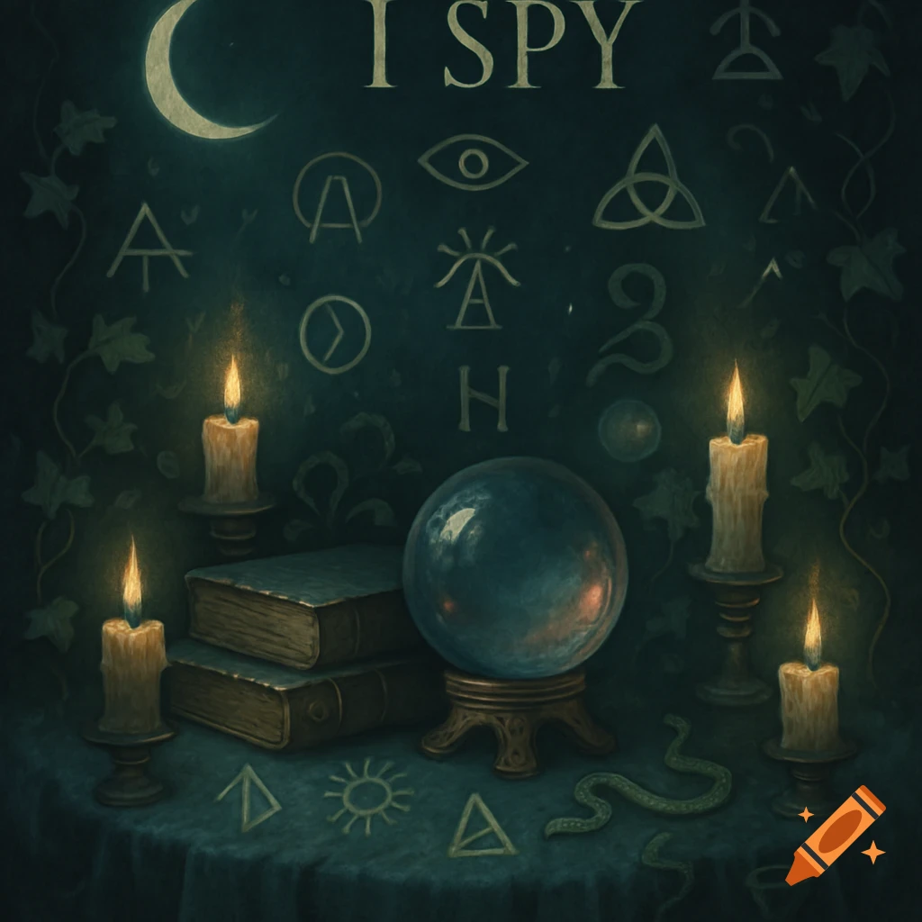 An illustrated witchy I Spy game page with a crescent moon, burning candles, books, a crystal ball, and various mystical symbols.