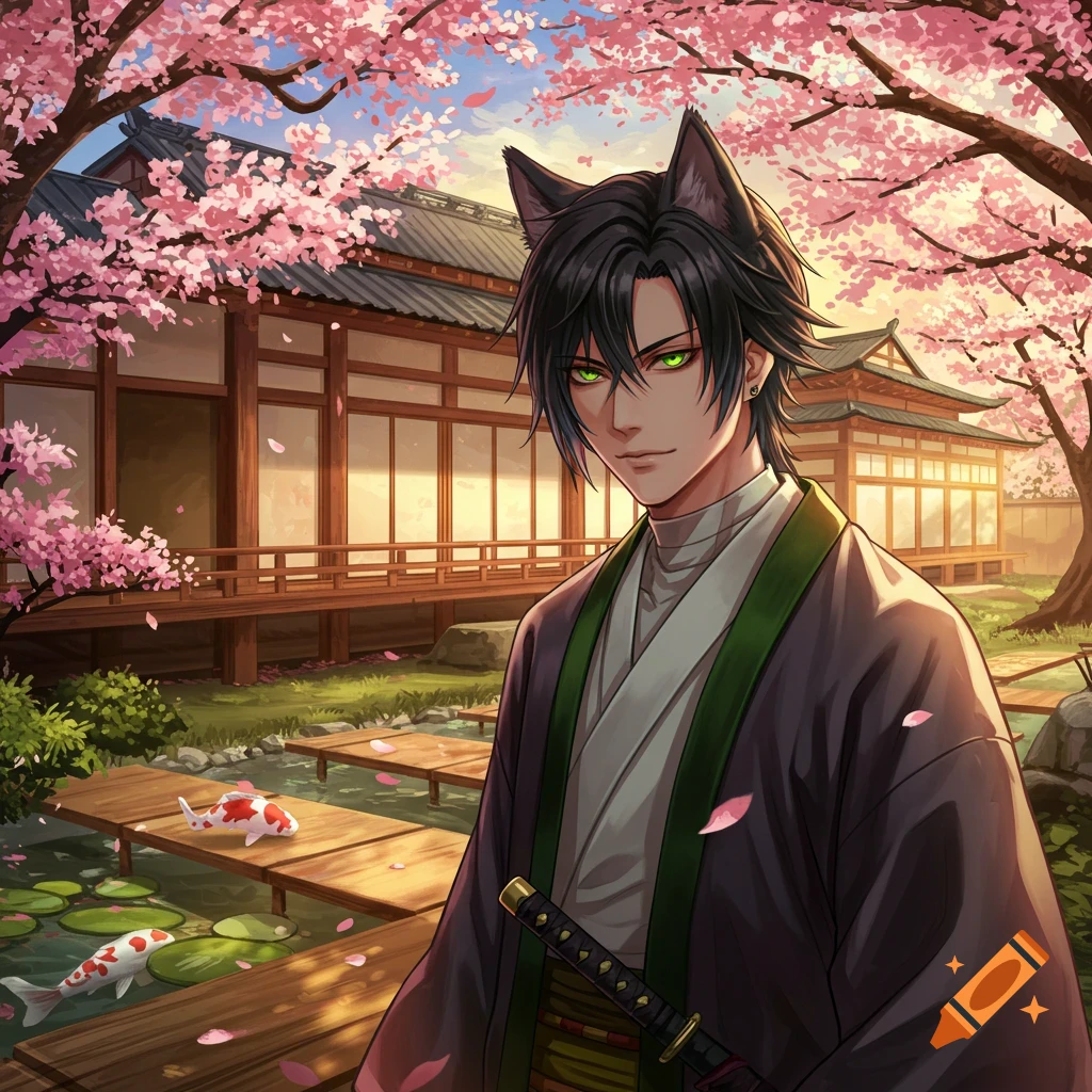 Anime man with black hair, wolf ears, and green eyes in a cherry blossom Japanese garden with a traditional house and koi pond.