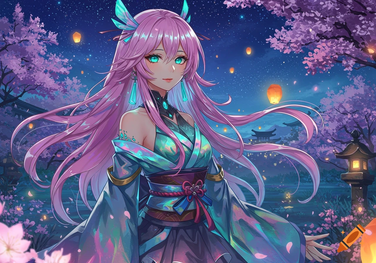 Anime woman with long pink hair and teal eyes, wearing a colorful kimono under cherry blossoms and lanterns at night.