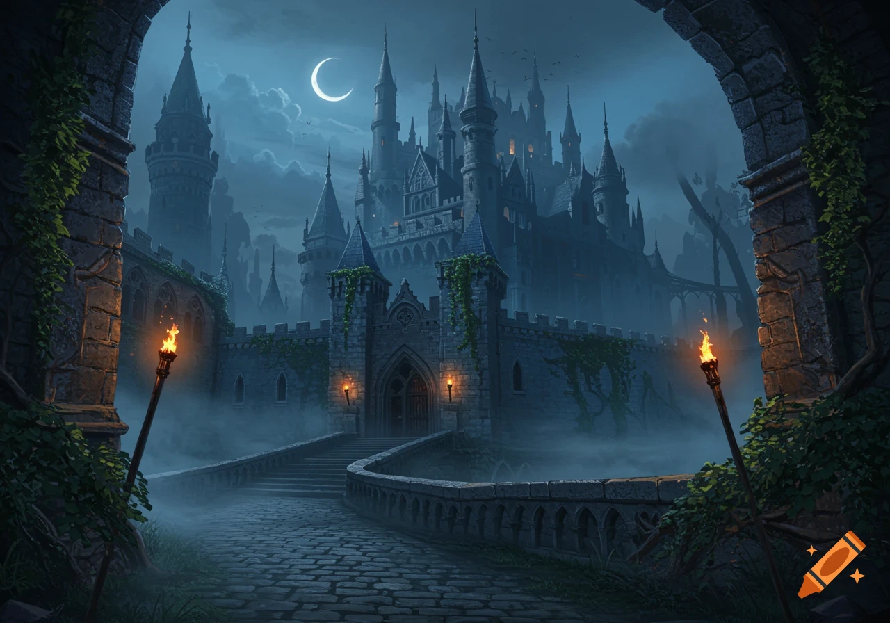 A dark and mysterious gothic castle at night under a crescent moon, with a stone path leading to its entrance illuminated by torches.