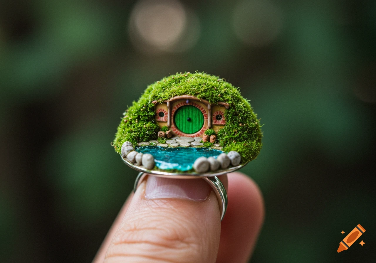 A photorealistic miniature diorama of a mossy hobbit house with a green door and a tiny pond, set on a silver ring on a finger.