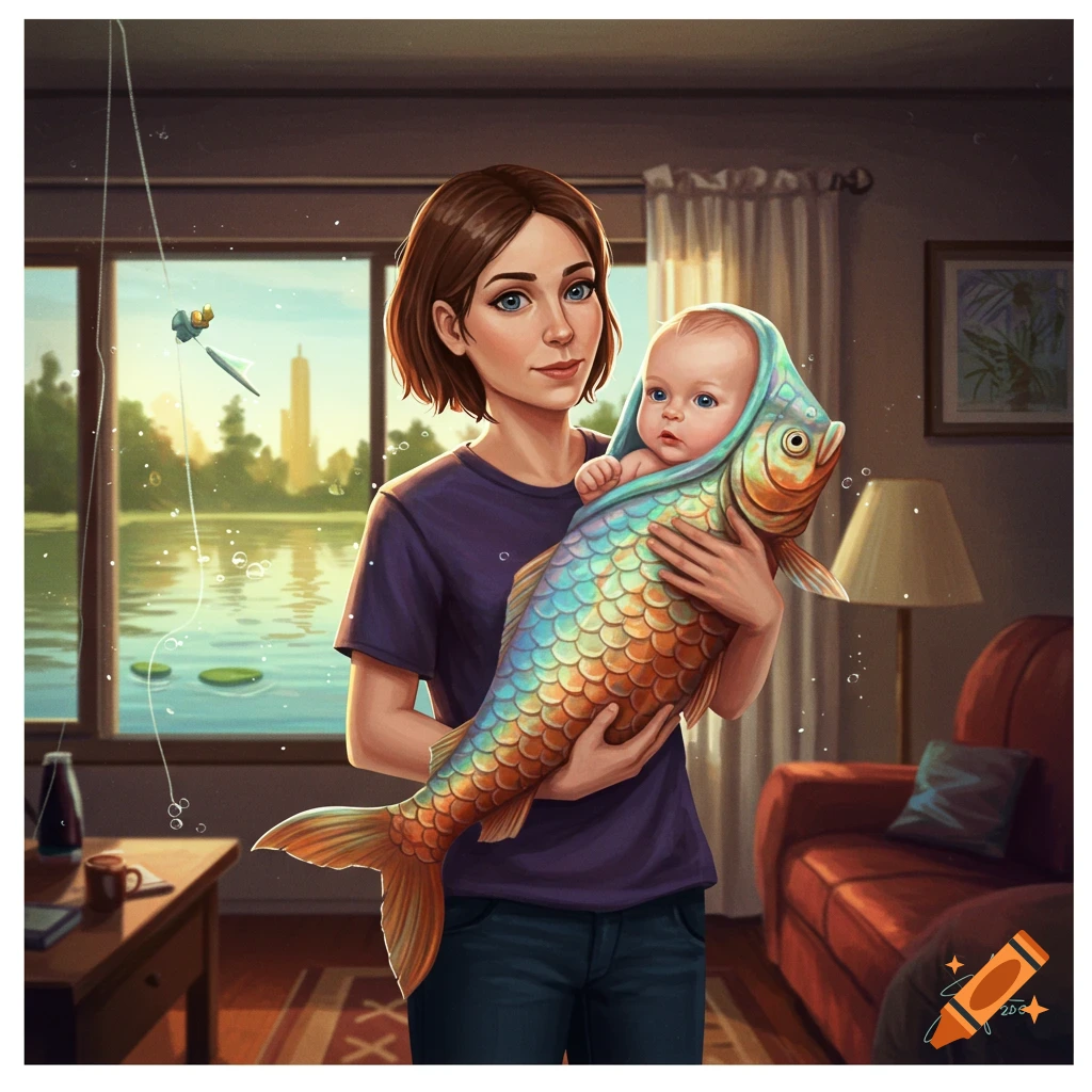 A woman with short brown hair holds a baby wrapped in a colorful fish-shaped blanket, standing in a room with a view of a lake and city.