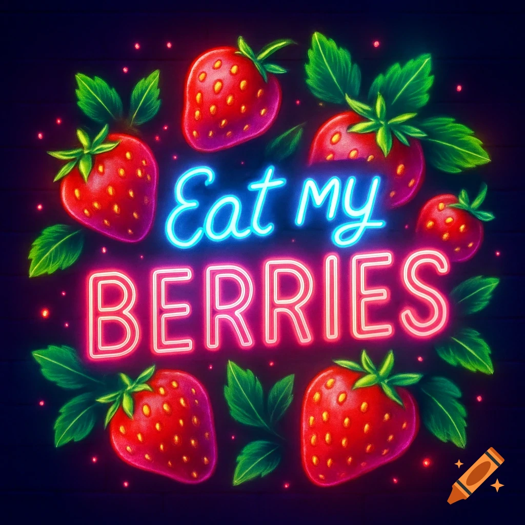 A neon sign in blue and pink that says 'Eat my BERRIES' surrounded by bright red strawberries and green leaves on a dark background.