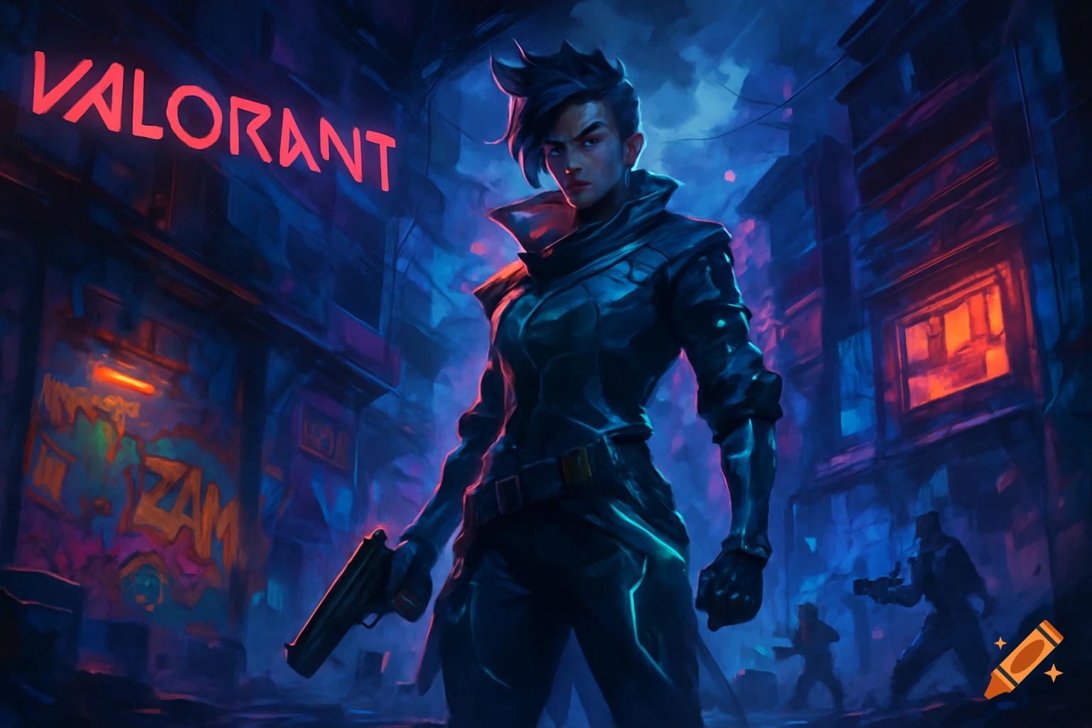 A female character from Valorant stands with a gun in a neon-lit cyberpunk city, digital art.
