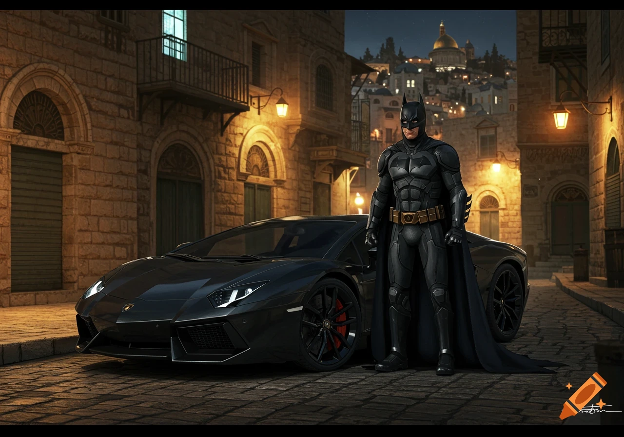 Batman stands next to a black Lamborghini Aventador on a cobblestone street at night in a detailed, photorealistic city scene.