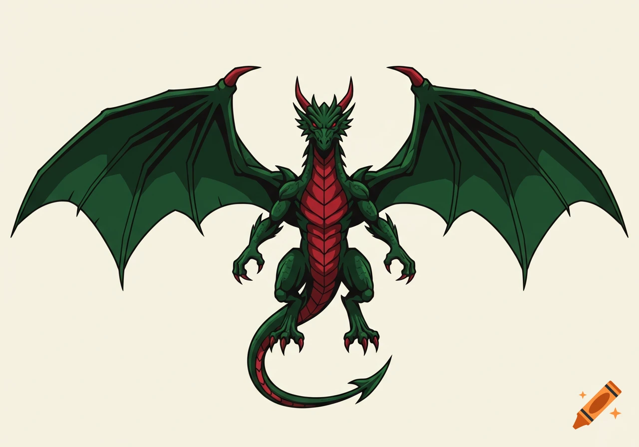 A stylized green dragon with red chest scales, horns, and large wings, standing against a light background.