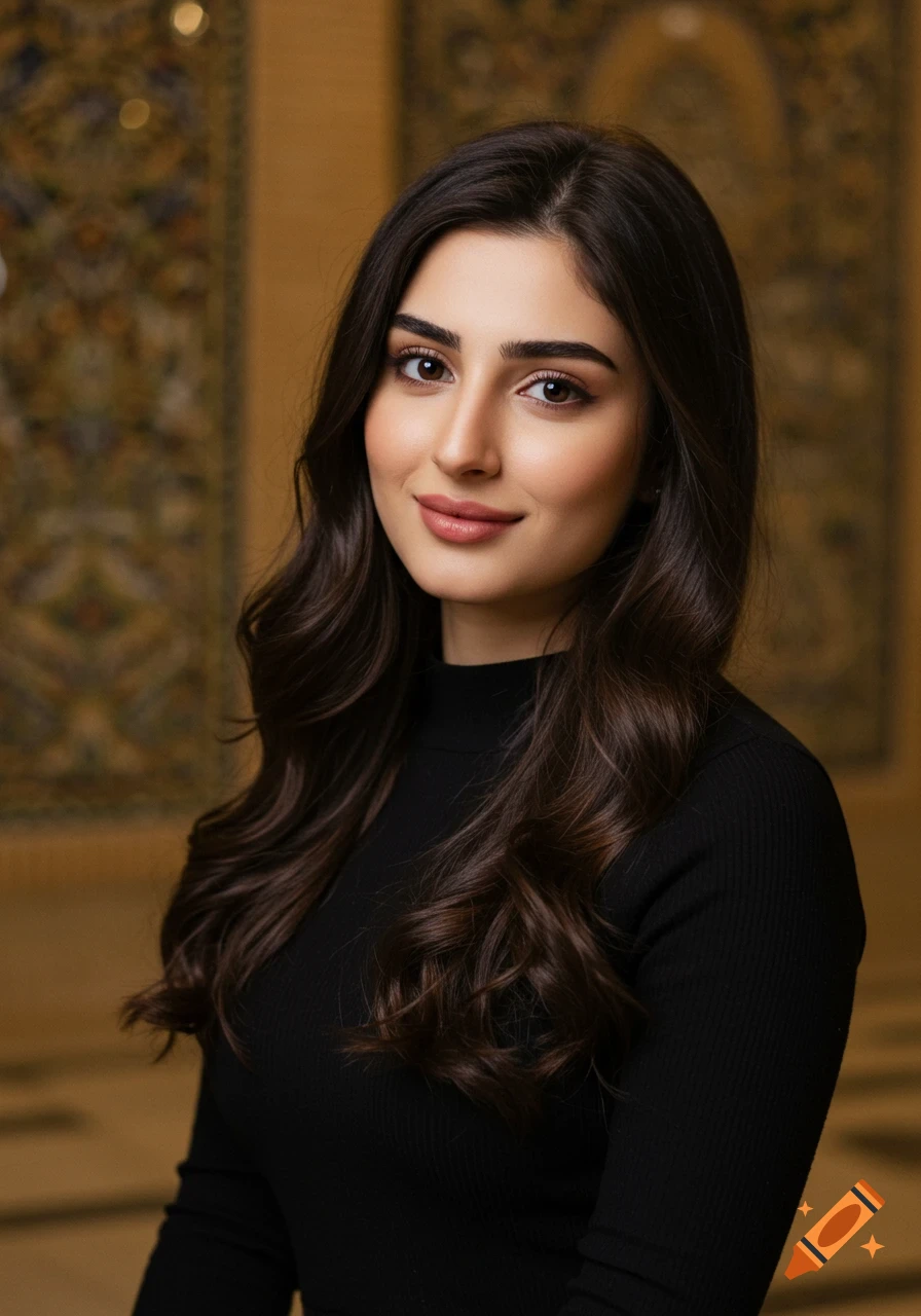 Photorealistic portrait of a young woman with dark hair and a black top, smiling intimately at the viewer.