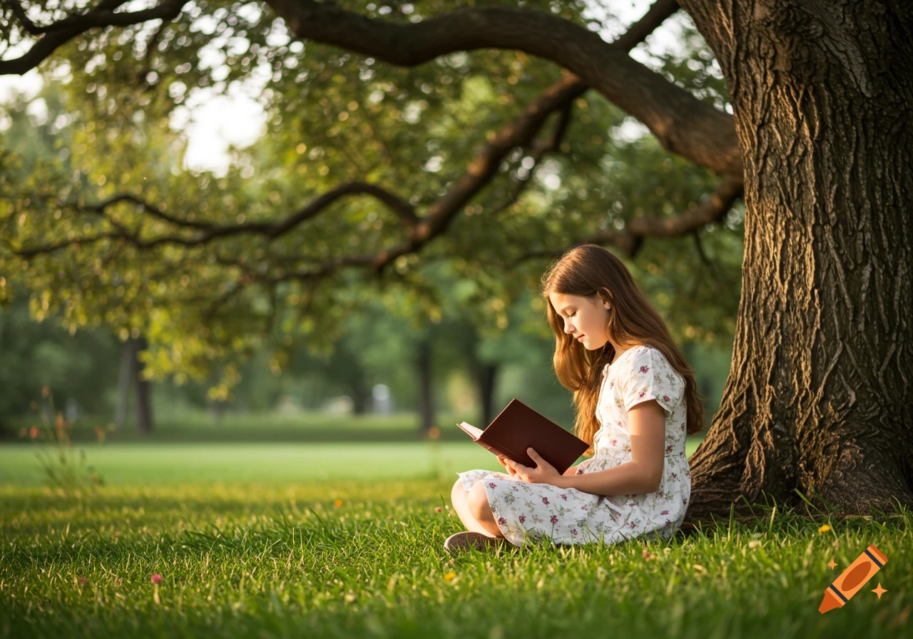 A young girl in a white floral dress reads a book while sitting on green grass under a large tree.